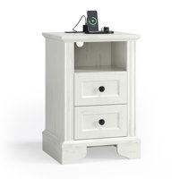 Nightstand With 2 Drawers, Shelf, Socket & Rattan Detail