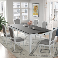 Rustic 7-Piece 78.1Inch Extendable Dining Table Set With 18Inch Removable Leaf, 6 Upholstered Dining Chairs, 2 Built-In Drawers, Dark Gray+White by Orren Ellis
