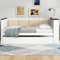 Twin Size Wood Daybed with Storage Shelves, Upholstered Backrest, USB and Trundle, White