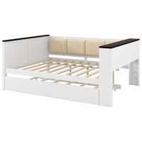 Twin Size Wood Daybed with Storage Shelves, Upholstered Backrest, USB and Trundle, White