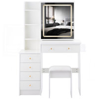 37" Middle Size Left Bedside Cabinet Vanity Table + Cushioned Stool Dresser Set, 2 AC+2 USB Socket, Hair Dryer Stand, Large Touch Control LED Sliding by Ivy Bronx