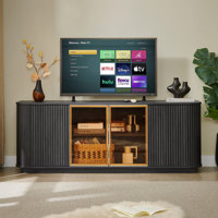 64-Inch Wavy Tv Cabinet, Round Sideboard, Wooden Vertical Stripe Storage Cabinet, Aluminum Door Framed Tempered Glass Cabinet by George Oliver