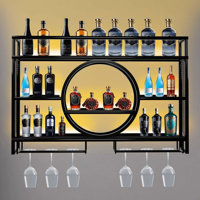 Metal Wine Rack Wall Mounted With LED Light, 3-Tier Bar Liquor Shelf With Wine Glass Holder, Modern Large Capacity Liquor Bottle Display Storage Shelf by Orren Ellis