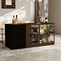 Stylish Home Bar Cabinet With LED Lighting - 3 Storage Cabinets (Wood & Glass) & 3 Drawers