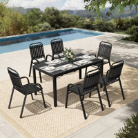 6-Person Patio Dining Set, Stackable Chairs And Rectangular Steel Table With Umbrella Hole