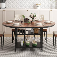Extendable 47"–63" Round Dining Table Set with Storage Shelf, Walnut Solid Wood Top & Metal Base, Includes 4 Upholstered Chairs by George Oliver