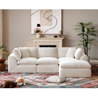 L-Shape 4-Seat Sectional Sofa With Ottoman, 110" Wide, No-Assembly Cloud-Style Design, White by Latitude Run
