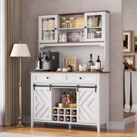 72" Sliding Barn Door High Bar Cabinet Farmhouse, Large Kitchen Buffet with Hutch Wine Storage, Charging Station, 2 Drawers, 8 Storage Shelves, LED Ru