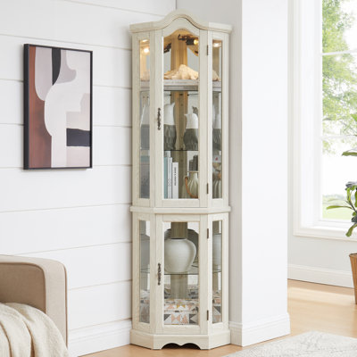 Curio Cabinet Lighted Glass Display Curio Cabinet W/Tempered Glass Doors And Shelves, Crown Corner Cabinet With Bulb, Corner Storage Decoration For Li by 17 Stories