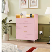 4-Drawer Dresser with RGB Lights & Charging Station, Large Capacity Wooden Chest by Ebern Designs