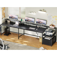 Gaming Desk,Home Office Desk With Power Outlet And Led Lights, Corner Computer Desk With Monitor Shelf,(Black/66"/Wood Filedrawer) by Inbox Zero