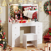 46-inch Salon Vanity Desk with Large LED Mirror, Professional Makeup Dressing Table with 7 Drawers, Charging Station & Adjustable Lights, White by Ivy Bronx