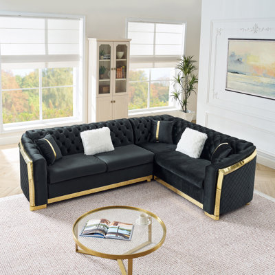 106 Inches L-Shaped Chesterfield Sectional Sofa Set With Gold Stainless Steel Accents, Velvet Button Tufted Sofa With 5 Pillows Luxury Couch For Livin by Everly Quinn