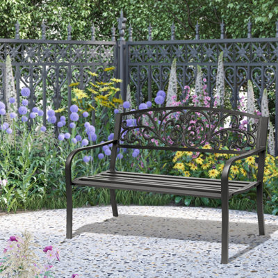 Outsunny " Outdoor Bench, Metal Garden Bench With Floral Pattern Backrest, Porch Bench With Slatted Seat Park, Yard, Lawn, Black by House of Hampton