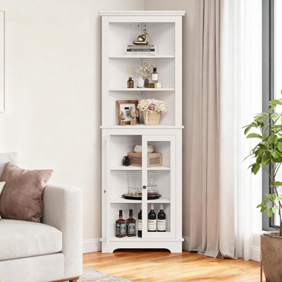 65" Tall Corner Storage Cabinet, Freestanding Farmhouse Bookcase with Glass Doors & Adjustable Shelves, Display Cabinet for Living Room, Bathroom