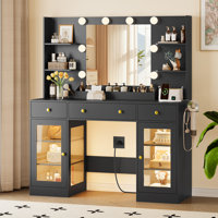 47-inch Makeup Vanity Desk with LED Mirror, RGB Glass Cabinet, Power Outlet & 3 Drawers, 3 Lighting Modes by Ivy Bronx