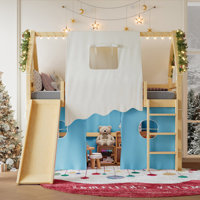 Solid Wood House Loft Bed with Ladders, Slide, Sills & Tents, LED Lights, No Box Spring by Ophelia & Co.