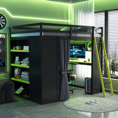 Full Size Loft Bed, Multi-Functional Workstation, E-Sports Desk, Shelves & Wardrobe, Sleek & Chic Modern, Teen Bedroom by Ivy Bronx