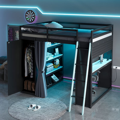 Full Size Loft Bed, Multi-Functional Workstation, E-Sports Desk, Shelves & Wardrobe, Sleek & Chic Modern, Teen Bedroom by Ivy Bronx