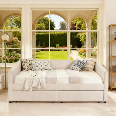 Queen Sofa Bed With 2-Drawer Trundle, Upholstered In Linen With Vertical Stripes by Mercer41