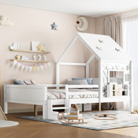 Twin Kids House Bed with Low Stairs, Window, Bookcase & Blackboard, Solid Wood Platform Bed with Star Roof, Gray by Ophelia & Co.