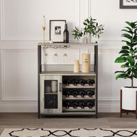 Multifunctional Wine Bar Cabinet with Removable Rack, 3-Tier Storage with Mesh Door & Glass Holder, Sturdy Metal Frame Wine Rack, for Kitchen,Bar and by Ophelia & Co.