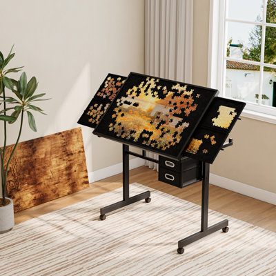 1000 Pieces Jigsaw Puzzle Metal Table Board For Adults With 4 Trays, 2 Drawers, And 5Mm Thick Wooden Desktop Protective Cover, Universal Wheels, Felt by 17 Stories