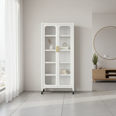65" White Metal Kitchen Pantry Storage Cabinet | 6 Tier Display Cabinet With Transparent Door And Adjustable Shelves | Rolling Food Storage For Kitche by Latitude Run