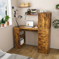 Computer Desk With 4-In-1 Socket & 3 Drawers, 4-Tier Storage Shelves, Carbonized Wood Finish Laminate For Home Office, Study, Bedroom by Latitude Run