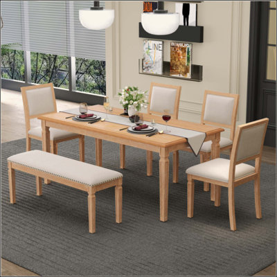 Vintage Extendable Dining Table Set For 6 With 4 Chairs & Bench, Rustic Farmhouse Kitchen Table Set With Distressed Finish And Retro Carved Legs by One Allium Way