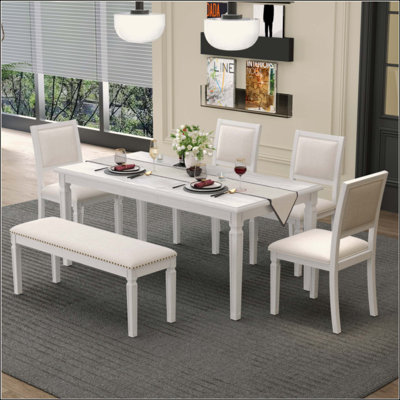 Vintage Extendable Dining Table Set For 6 With 4 Chairs & Bench, Rustic Farmhouse Kitchen Table Set With Distressed Finish And Retro Carved Legs by One Allium Way
