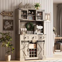 72" Farmhouse Bar Cabinet with Sliding Barn Door, Hutch & Drawers, Washed Grey Finish by Ivy Bronx