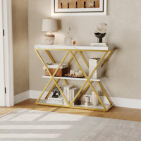 Slim 3-Tier Console Table with Open Storage Shelves – Rustic Farmhouse Entryway Sofa Table – X-Shaped Legs – Space-Saving Living Room or Hallway Furni by 17 Stories