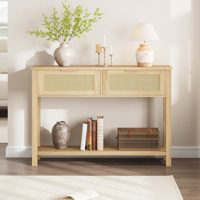 Farmhouse Rattan Console Table – Narrow Entryway Sofa Table with 2 Drawers & Open Shelf, Wood Accent Table for Hallway, Living Room, Apartments by 17 Stories