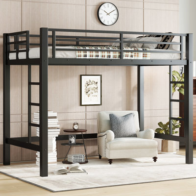 Queen Size Metal Loft Bed with Ladder and Full Guardrails, Black Kids & Teen Space-Saving Loft Bed Frame by Wrought Studio