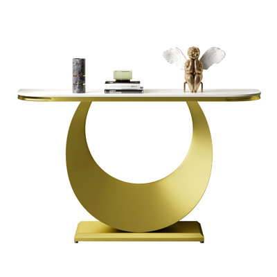 Premium Half-Console Table With Faux Marble Top & Gold Metal Base (Table Only) by Mercer41