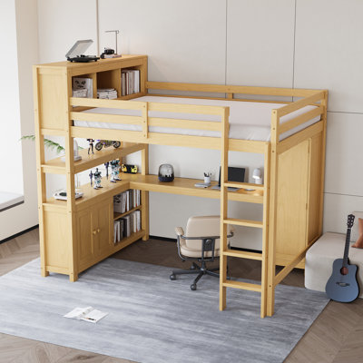 Queen Size Wood Loft Bed with Wardrobe, Desk & Bookshelf, Space-Saving Kids Loft for Bedroom,Natural by Latitude Run