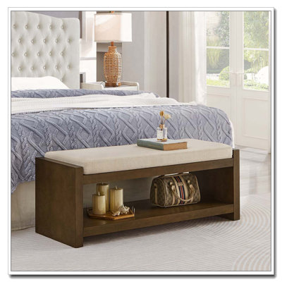 Wood Frame Storage Bench with Removable Cushion, Lower Shelf