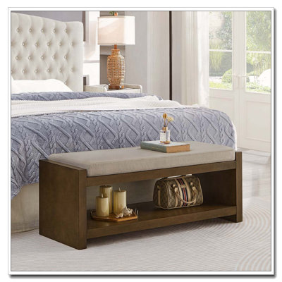 Wood Frame Storage Bench with Removable Cushion, Lower Shelf by Latitude Run