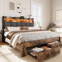 Bed With 2 Storage Drawers, Platform Bed With Bookcase Headboard, Upholstered Headboard With 2 Bedside Storage Pockets