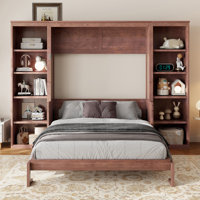 Queen Size Murphy Bed with Built-in Desk & Bookshelf, Space-Saving Dark Brown Wall Bed