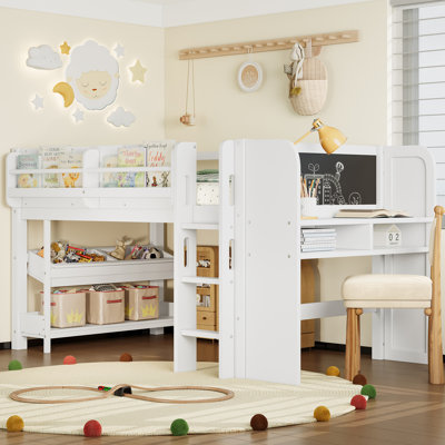 Solid Wood Loft Bed with Desk, Blackboard & Multi-Storage Bookcases, Drawers, and Boxes – Low Kids Loft Bed, No Box Spring by Latitude Run