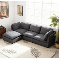 Modern Sectional Sofa,L-Shape Linen Fabric Corner Couch Set with Convertible Ottoman for Living Room, Apartment, Office,Blue by Ebern Designs