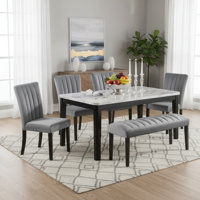 Black Modern 6-Piece Dining Set, Rectangular Faux Marble Tabletop, Tufted Solid Wood Upholstered Dining Chairs Bench by Wildon Home