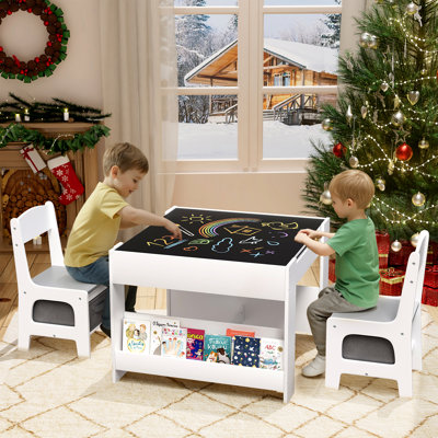 Kids Table And Chairs Set, 4 In 1 Toddler Art Desk With Storage Drawer, Wooden Activity Deskboard, Blackboard, Reversible & Detachable Tabletop, Books by Zoomie Kids