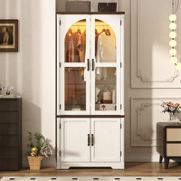 Tall Farmhouse Armoire With Led Lighting, 72" Freestanding Arched Wardrobe Cabinet With Glass Doors, Wooden Clothing Storage Closet For Bedroom by Ophelia & Co.