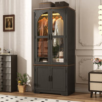Tall Farmhouse Armoire With Led Lighting, 72" Freestanding Arched Wardrobe Cabinet With Glass Doors, Wooden Clothing Storage Closet For Bedroom by Ophelia & Co.