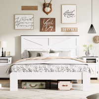 White Queen Bed Frame Headboard, Wood And Metal Platform Bed, Noise , No Box Spring, Easy Assembly, Industrial Style, Sophisticated Look, Bedroom Func by Latitude Run