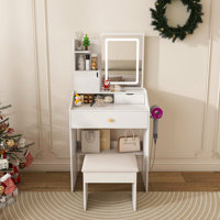 3-Color Led Vanity Mirror With Stool, Dressing Table For Bedroom, 2 Drawers & 5 Storage Cabinets (4 Open + 1 Hidden), Adjustable Lighting by George Oliver