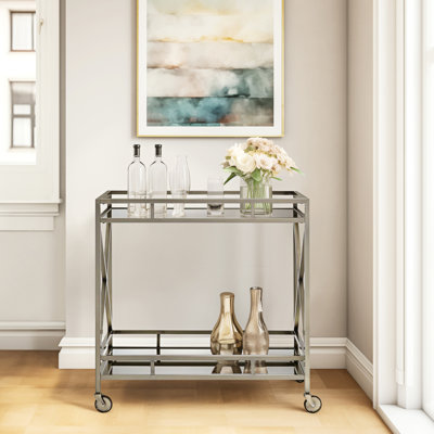 Mirrored And Antique Gold Serving Cart With Open Shelf Storage Compartment Top Space by Red Barrel Studio